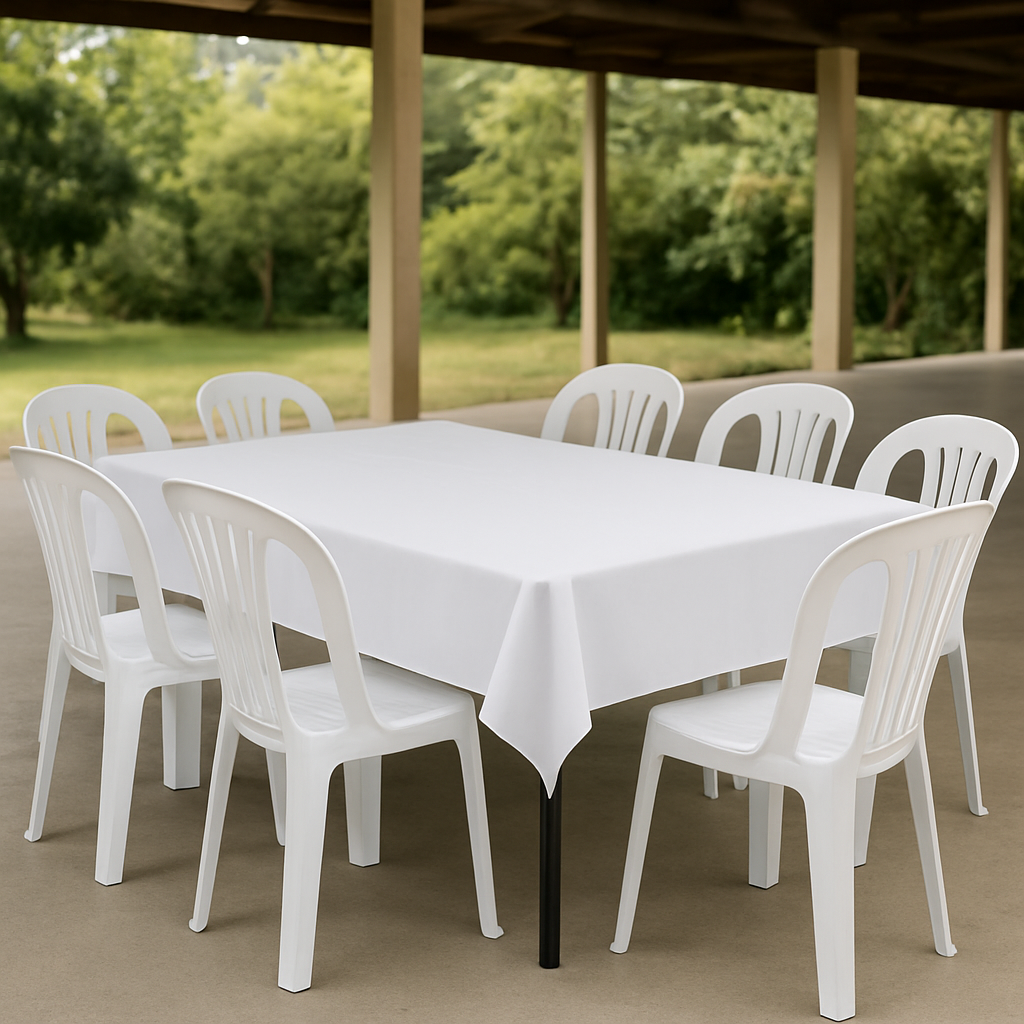 Conjunto de mesa e cadeiras de plástico para evento